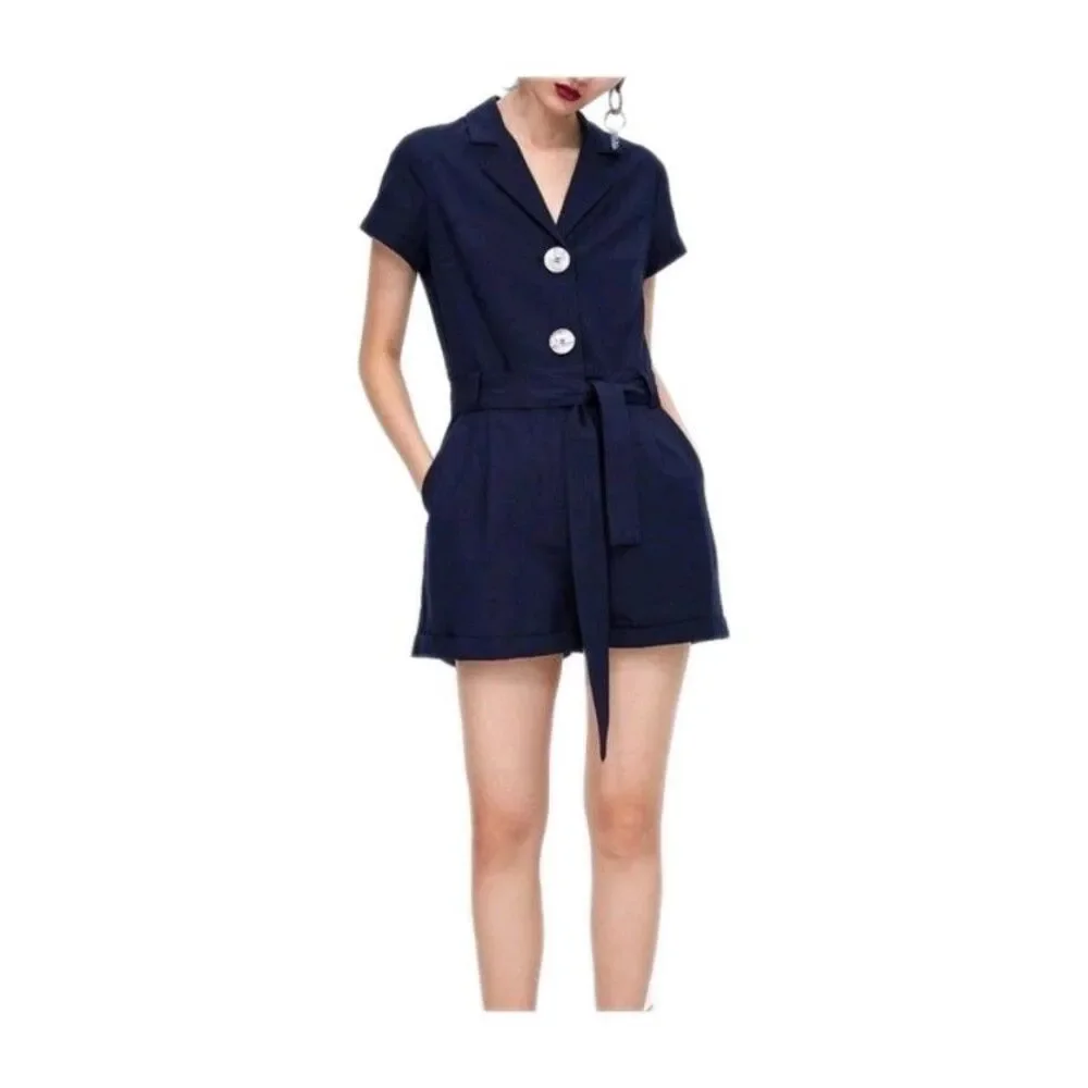 Zara Navy linen blend Blue romper playsuit Wmns sz M Pockets resort Industrial